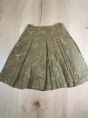 New York & Company Olive Green Floral Embroidered Skater Skirt